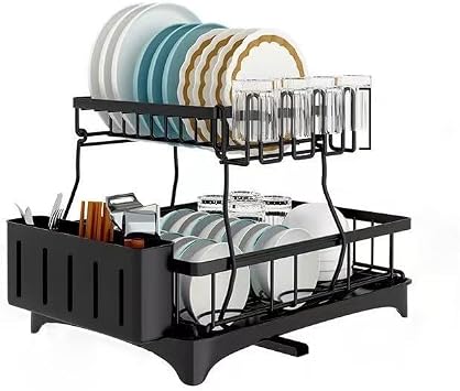 Stainless Steel Dish Racks Organization and Storage Essentials with Cutlery Holder, Black