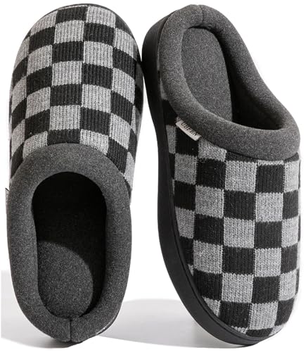 UBFEN Mens Womens Slippers Classic Plaid Winter Warm with Memory Foam Fluffy House Shoes Platform Indoor Bedroom B Black Grey 15-16 Women/13-14 Men