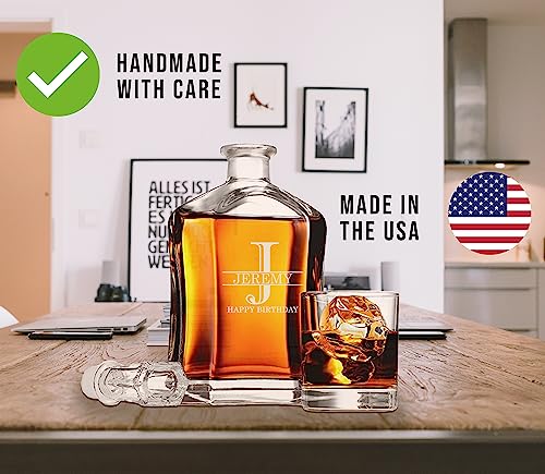 Personalized Etched Glass 23oz Whiskey Decanter, Custom Engraved Fathers Day Gift, Retirement, Anniversary, Housewarming, Customized Bourbon Gifts for Men, Scotch Birthday,Him, Dad, OG Halpert