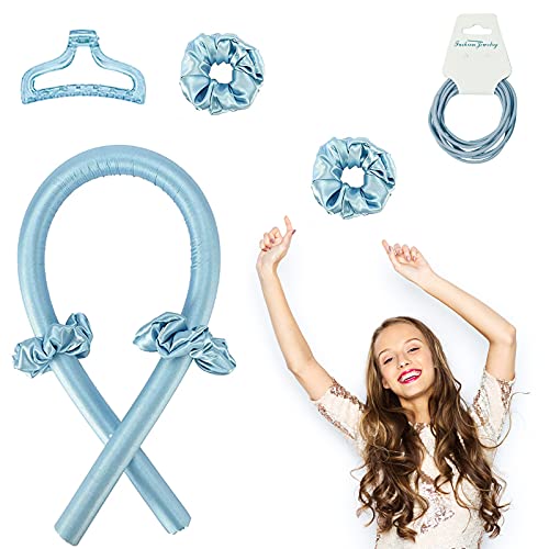 Women Heatless Hair Curlers For Long Hair, No Heat Silk Curls Headband You Can To Sleep In Overnight, Soft Foam Hair Rollers, Curling Ribbon and Flexi Rods for Natural Hair (Blue)