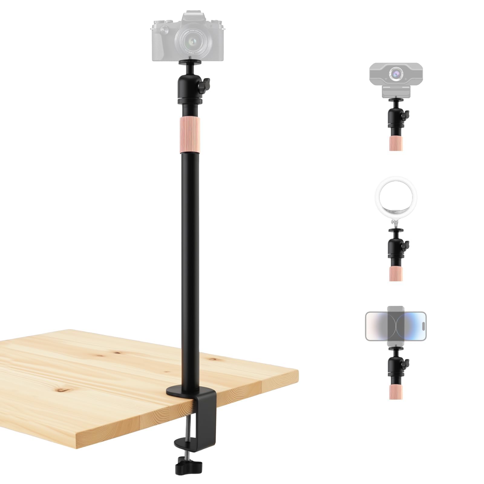 Camera Desk Mount, Overhead Tripod Webcam Mount,360° Adjustable Table Stand 1/4" Screw C-Clamp for DSLR, Ring Light, Webcam, Live Streaming, Online Teaching, Multi-Device Desktop Mount-image-2
