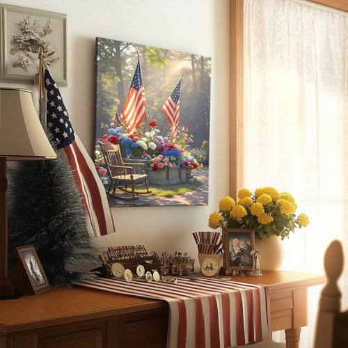Image of Sunwes Memorial Day Canvas Wall Art, American Flag Rocking Chair and Morning Sunlight with Patriotic Flowers Print, Veterans Day Remembrance Wall Painting for Porch or Living Room 16x20inch