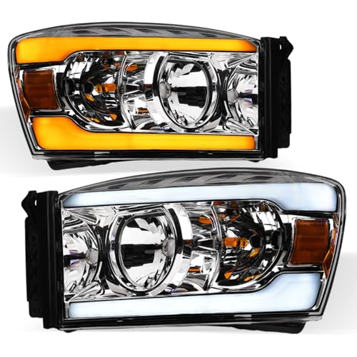 TLAPS 7422440660645 Compatible With 2006-2008 Dodge Ram 1500/2006-2009 2500 3500 Switchback Sequential LED Strip Bar Chrome Housing Headlights With Amber Reflector