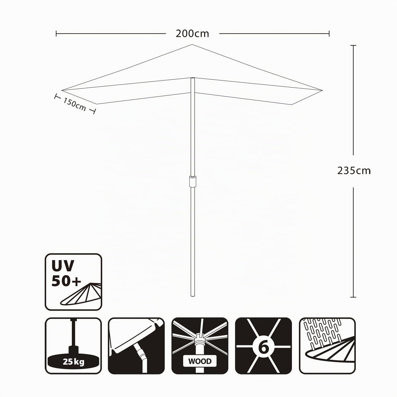 Sekey® 200 × 150 cm Ombrellone in Legno Ombrello Parasole da Esterno da Giardino Crema Protezione solare UV50+