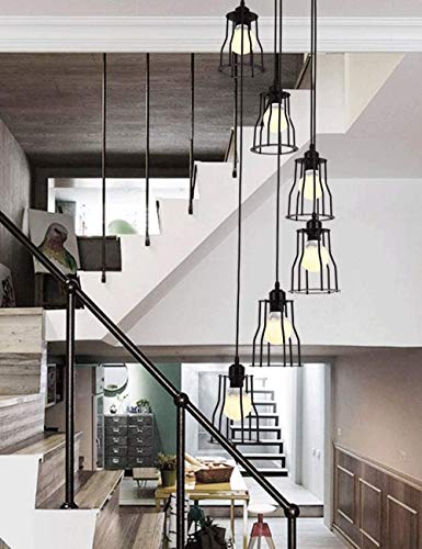 Lámpara de escalera retro de 6 cabezas CCXXYGWJ de hierro para techos altos y chalets dúplex