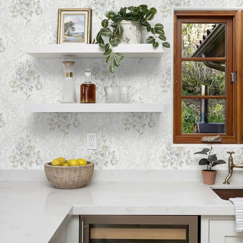 Ismoon Floral Peel and Stick Wallpaper Vintage White and Grey Contact Paper Boho Watercolor Damask Wallpaper Textured Removable Self Adhesive Vinyl Wall Paper for Bedroom, 17.3 in X 6.5 ft by Ismoon - Used condition - Image 2