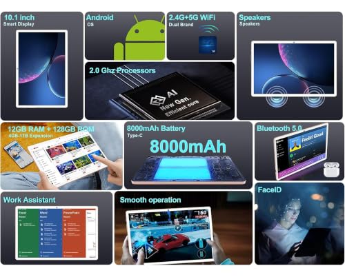 Image of JUSYEA Tablet Android Tablets 10 inch with 128GB ROM Octa-Core (2TB TF) | WiFi 5G | FHD | BT5.0 | GPS | 8000mAh | 8+5MP | Metal Body, Tablet with Keyboard, Mouse, Gold
