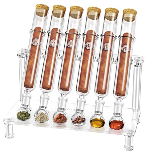 LIHTUN Cigar Flavoring Humidor Case for 6 Cigars, Borosilicate Glass Tubes, Balls and Acrylic Stand, Desktop Cigar Accessories Gift for Flavor Aging and Display