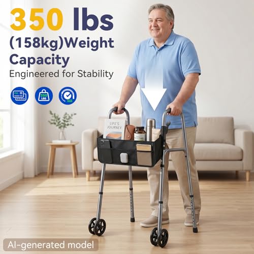Image of Folding Walker for Seniors with Basket：Standard Walkers for Seniors Elderly | Lightweight Aluminum Rolling Walker with 4 x 5 inch Front Wheels, Storage Bag & Ski Glides 8 Height Adjustments, 350lbs Capacity