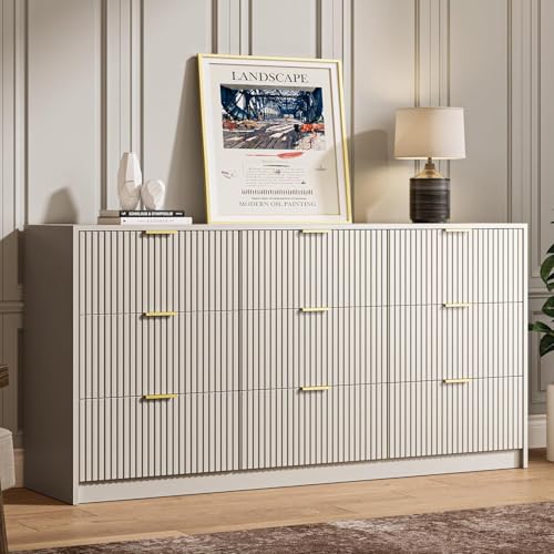 Image of MAISONARIA Beige 9 Drawer Dresser for Bedroom, 63 inch Wide Modern Fluted Dresser with Gold Metal Handles, Chest of Drawers for Bedroom, Living Room, Entryway, Hallway