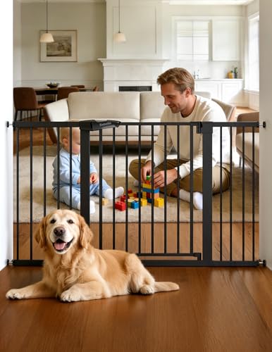 Babelio Extra Wide Baby/Dog Gate PressGuard P7, 29-55" Auto Close for The House and Doorway, Safety Pressure Mounted Pet Door, NO Need Tools and Drilling, Black