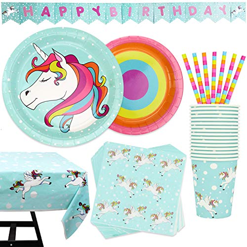Kompanion 102-teiliges Regenbogen-Einhorn-Partyzubehör-Set mit Banner, Teller, Becher, Servietten, Strohhalme und Tischdecke, für 20 Personen