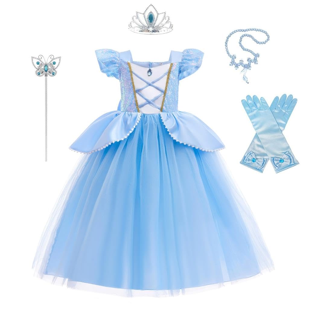 Lito Angels Vestido Disfraz Princesa Cenicienta Bella Fiesta Cumpleaños Carnaval con Accesorios para Niñas, Azul/Amarillo