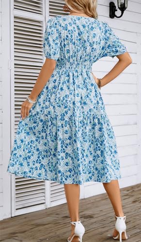 Image of Kormei Women Summer Casual Boho Floral Round Neck Short Sleeve Smocked Waist Tiered Flowy Swing Midi Dress S Light Blue Floral