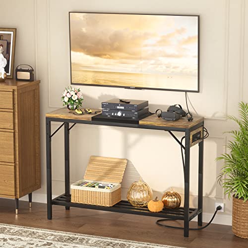 Narrow Console Table With Power Strips, Sofa Table With Storage Shelves For Living Room, 2-Tier Foyer Tables For Entryway, Hallway, Behind Couch, Kitchen Counter, 39'', Rustic & Black #TOP1