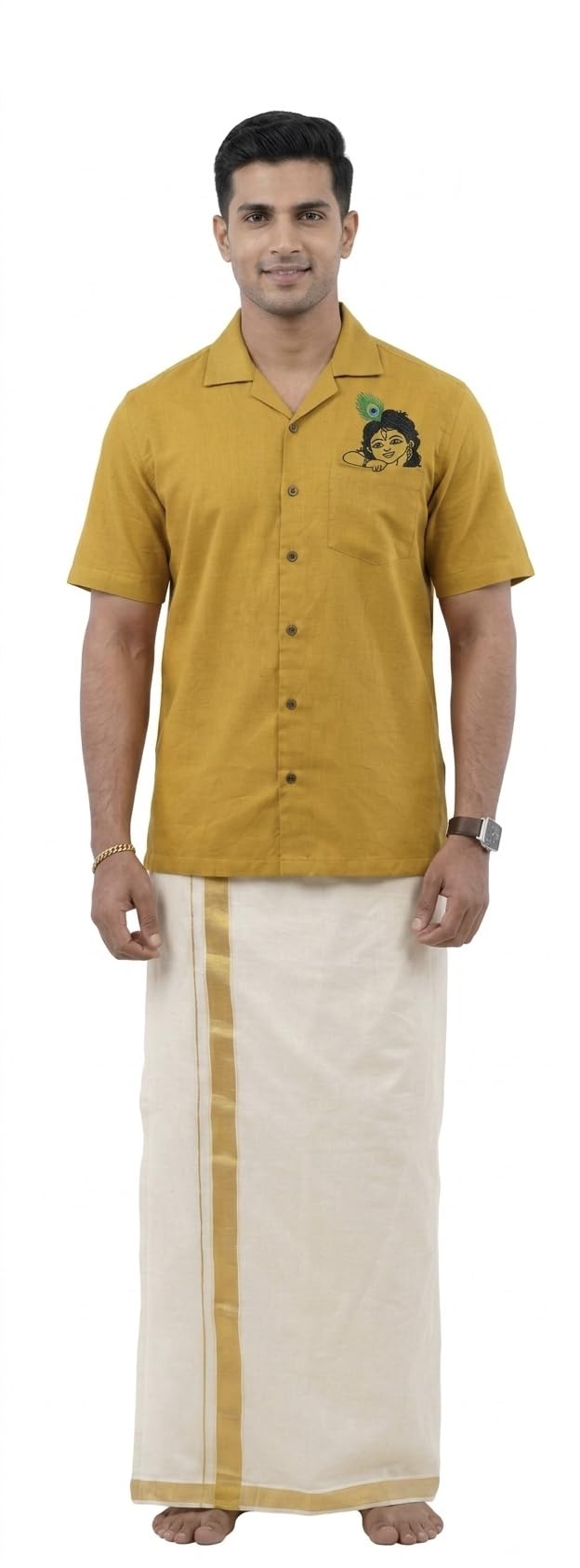 Rudra Men's Mustard Yellow Cotton Shirt with Krishna Pocket Embroidery, Regular Fit Half Sleeve-image-41