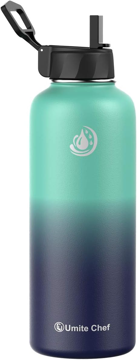Umite Chef Sports Water Bottle with New Wide Handle Straw Lid, Vacuum Insulated Stainless Steel Thermo Mug, 40 oz Double Walled Wide Mouth Water Bottle,Leak Proof, Sweat Free(Ocean)