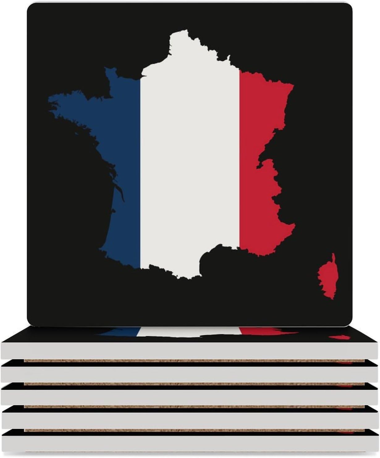 France Flag Map Funny Ceramic Coasters for Drinks Absorbent Cup Holder Tabletop Protector with Cork Base