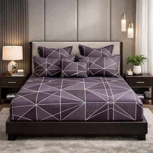 Image of Cotton Feel Glace Double Bed Fitted Bedsheet All Around Elastic Queen Size with 2 Pillow Covers (60 inch x 78 inch inches, Mystic Wine)
