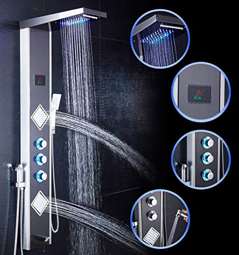 ELLO&ALLO LED Shower Panel Tower System,Rainfall Waterfall Shower Faucet Fixtures Bathroom Rain Massage
