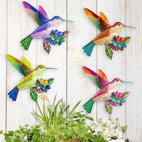 SUNREEK 4 Pack Metal Hummingbird Wall Art, Hanging Birds Outdoor Fence Decorations for Garden Patio Yard Living Room Door Balcony