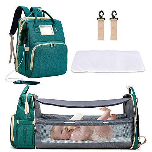 Diaper Bag with Changing Station, Portable Diaper Bag with Bassinet, 3 in 1 Travel Diaper Bag for Baby, Green Foldable Diaper Crib (Bag + Crib + USB)