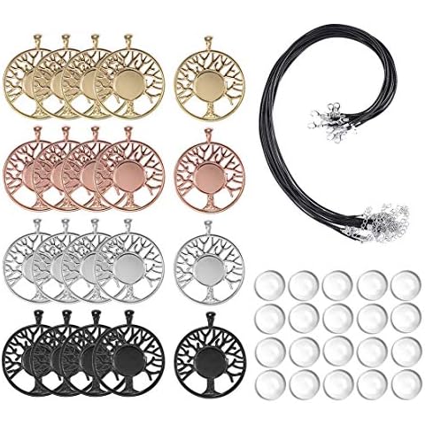 LANBEIDE 60Pieces Cabochons Crafting Kits-20Pcs Tree of Life Bezel Pendant Blank Trays with 20Pcs Glass Dome and 20Pcs Black Necklace Cords with Clasps for DIY Jewelry Making Cover