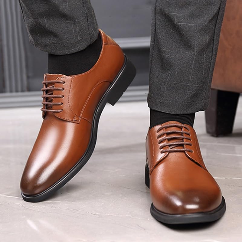 Men's Pointed Toe Dress Shoes Men's Genuine Leather Lace Up Oxford Shoes Office Working Premium Leather Loafers Shoes(Brown,9)2