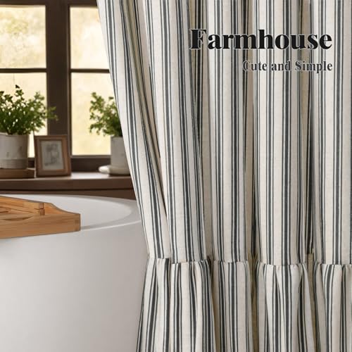 XOGUIBO Farmhouse Shower Curtain with Ruffle Hem Linen Shower Curtains for Bathroom Country Vintage Rustic Natural Fabric, Cream-Black Stripe 72\" W x 72\" L - Thumbnail 5