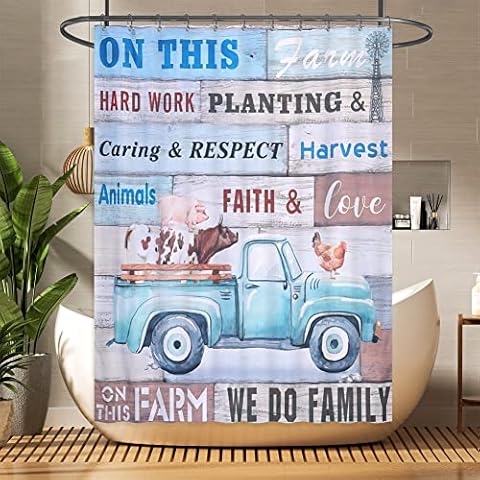 Moslovstar Rustic Farmhouse Shower Curtain Farm Truck Pull Cute Cattle Pig Chicken on Vintage Wooden Board Bath Curtain, Machine Wash 72" W x 72" L Cover