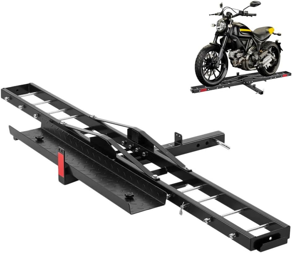 600LBS Motorcycle Trailer Hitch Carrier Scooter Dirt Bike Trailer Hitch Mount Rack with Loading Ramp, Heavy Duty Steel Motorcycle Rack
