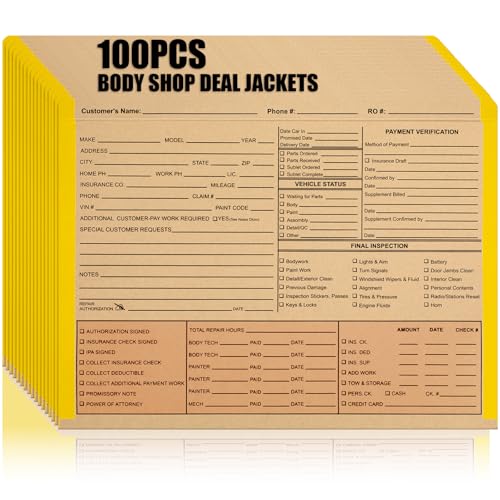 Glenmal 100 Pack Body Shop Deal Jackets 12" x 9-3/8" with 1/2" Expansion Tab Vehicle Dealer Jacket Envelopes Yellow Border Kraft Car File Folder Document for Service Repair Dealership Supplies