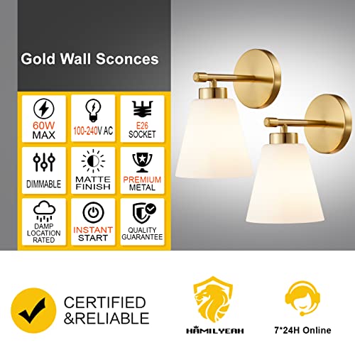 Hamilyeah Gold Sconces Wall Lighting Set Of Two With Frosted Glass Shade, Industrial Bathroom Lighting Fixture With Milk Shade, Modern Brass Vanity Sconce Lighting For Bedroom, Living Room Ul Listed #TOP1