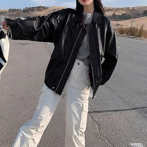JEKE-DG Women's Vintage Lapel Comfort Coat Oversize Solid Faux Leather Coat Jacket Casual Zip Up Moto Biker Outerwear3