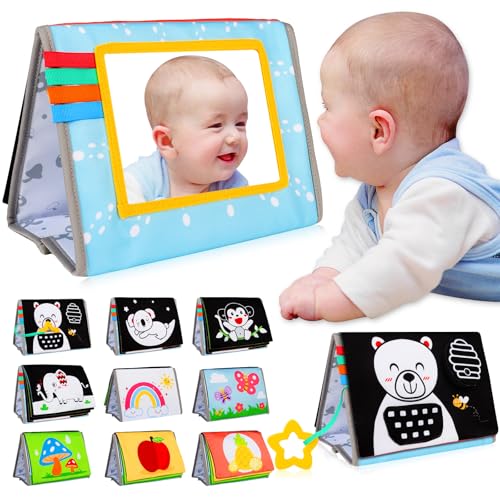 Image of Aboosam Tummy Time Mirror Baby Toys - Black and White High Contrast Baby Visual Stimulating Mirror Toys for Newborn - Montessori Infant Sensory Crinkle Toy for Babies Gifts 0 3 6 9 Months