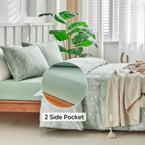 Image of Lekesky Duvet Cover Queen Size with Fitted Sheet - 4 Pieces Printed Soft Bedding Set, Includes 1 Duvet Cover 90x90 Inches with Zipper Closure & 8 Ties, 2 Pillow Cases, 1 Fitted Sheet, Sage Green