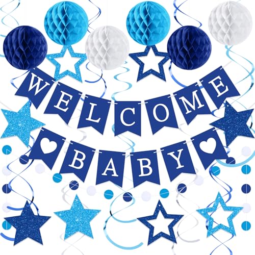 Image of WinnerWhy 25 Pcs Baby Shower Decorations for Boy, Blue Welcome Baby Banner with Glitter Stars, Hanging Swirls, Honeycomb Balls, Circle Dots Garland Boy Blue Decorations for Gender Reveal Party Decor