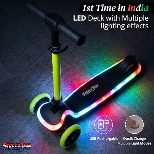 Image of STREETJAM Blinkie Kids LED Kick Scooter for 3-12 Years, LED Deck with Multiple Light Modes (1st Time in India), BIS Approved, Extra Wide Deck, Rechargeable, Up to 50 kg Load (Black with Neon Green)