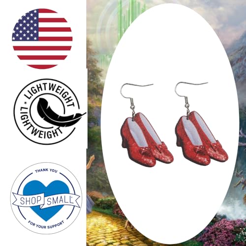 Cute Pair of Ruby Slipper Style Earrings for Women, Oz Costumes, and More. Wicked Cute Pair of Ruby Slippers Drop and Dangle Earrings with Glitter Outline for Women. Ruby Slipper Costume Accessories for Women.3