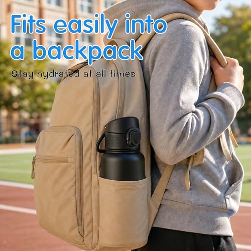 Image of GOPPUS Kids 12oz Insulated Stainless Steel Water Bottle, Leakproof Vacuum Tumbler with Carry Handle, Fits Cup Holders, Reusable Water Bottle for School Outdoor, Boys & Girls（Black）