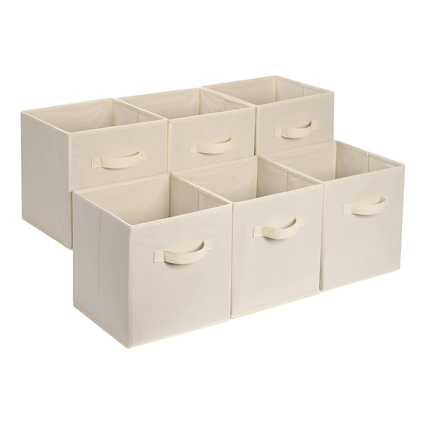 Amazon Basics Confezione da 6 cubi portaoggetti pieghevoli in tessuto, contenitori con maniglie - 33x33x33 cm, Beige Tinta Unita