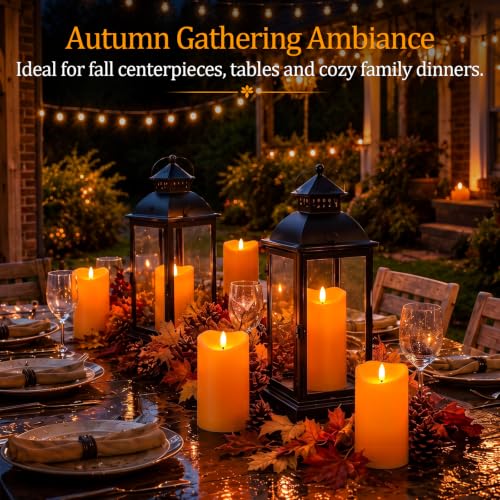 Image of Homemory Halloween Orange Waterproof LED Candles, Remote Timer, Set of 2 | Flameless candles, D3 x H6 in, plastic shell, indoor outdoor fall decor, porch, patio, pathway, lantern and pumpkin displays