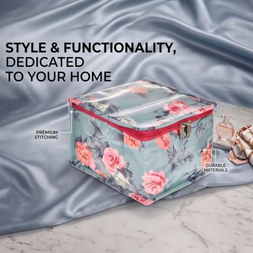 Image of Kuber Industries PVC Flower Print Jewellery Organizer Box & 10 Detachable Transparent Pouch | Cushioned All 10 Packet Storing Small Accessorie | Green