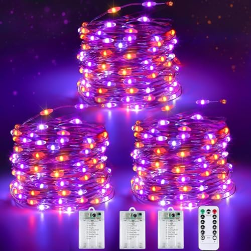 Image of 3PK Orange and Purple Halloween Fairy Lights Battery Operated with Remote | 8 Lighting Modes, Remote Control, Timer & Dimmable, Total 78FT 240LED Twinkle Lights for Outdoor Indoor Halloween Home Decor