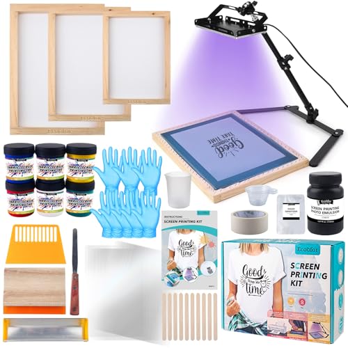 Ecoofor 53Pcs Screen Printing Kit All-in-One Set with 50W UV Exposure Lamp 3 Size Wooden Screen Printing Frames 6 Color Screen Printing Inks 15 A4 Size Inkjet Transparency Films