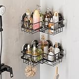 LEVERLOC 2 Pack Corner-adaptive Suction Cup Shower Caddy, Drill-Free Wall Mounted Basket, Stainless Steel Rustproof Corner Shower Shelf, Large Capacity, Removable Suction Cup Bathroom Organizer, Black