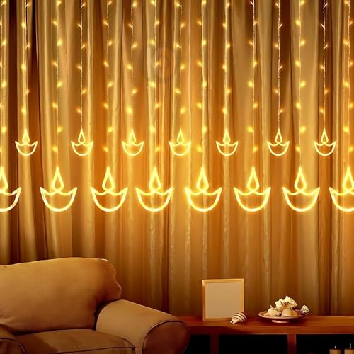 Image of K D 6+6 Diya Yellow Curtain LED String Lights, 138 LEDs (3.5 ft Length + 0.5 FT Length After Adapter = 4ft) with 8 Modes Indoor Outdoor for Home, Diwali, Christmas (Big String Diya 6+6 Yellow)