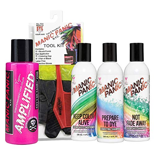 MANIC PANIC Cotton Candy Pink Hair Dye Bundle With Hair Dye Tool Kit, Prepare to Dye Clarifying Shampoo, No Fade Away Shampoo and Keep Color Alive Conditioner