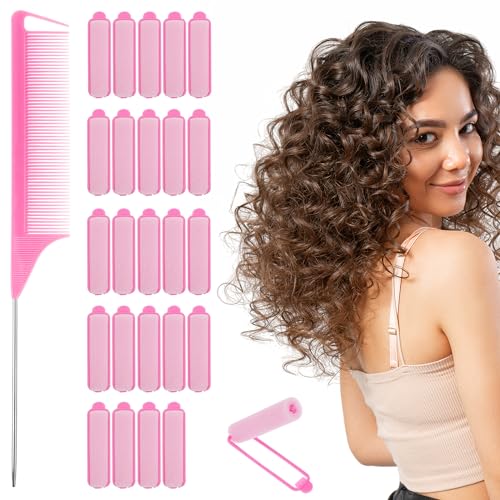 24Pcs Pink Sponge Hair Rollers Set, Self Grip, Heatless Foam Curlers for Long to Short Hair, Deadly Curl Volume with Pintail Comb