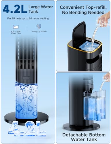Image of HIFRESH 107CM Tower Fans w /Cooling, Memory & Aroma Function, Remote & Touch Screen, 4 Modes & 3 Speeds,15H Timer, 4.2L Dual Tanks, 6 Ice Pack, 22Ft Air Throw, Low Power Consumption Tower Fan for Room